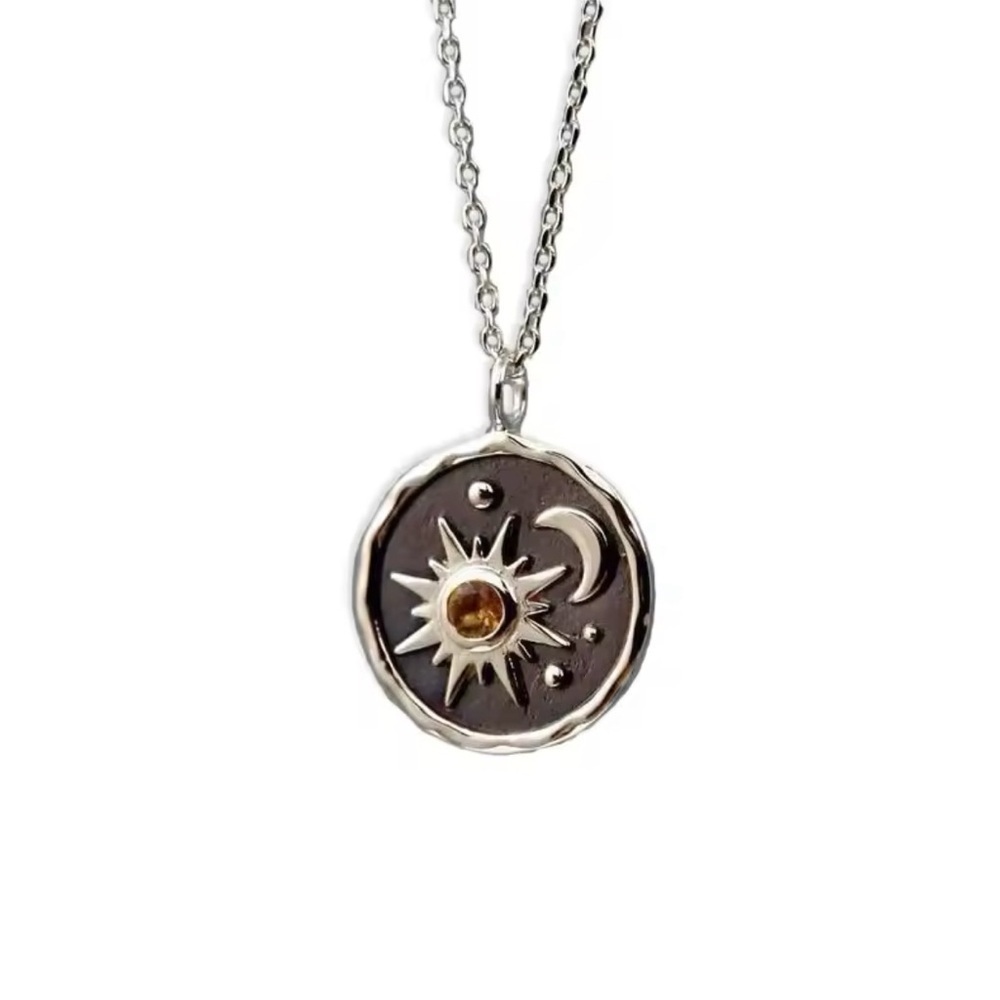 18K White Gold Sun And Moon Medallion Pendant With Amber Gemstone Inlay - Picture 4 of 8